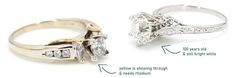 two different types of engagement rings with their names on the front and back side,