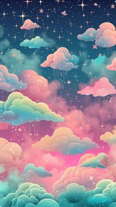 the sky with stars and clouds is painted in pastel pink, blue and green