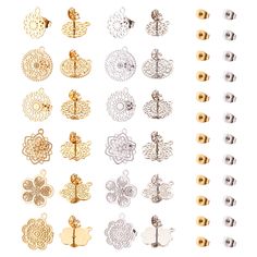 many different types of earrings are shown in this image, one is gold and the other is silver