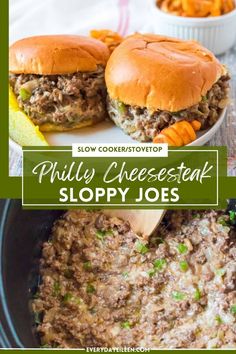 two cheese steak sloppy joes in a slow cooker with the title above it