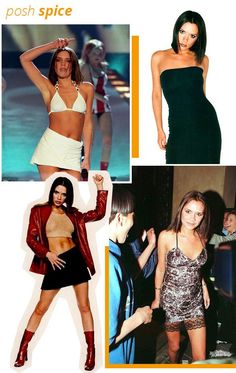 four different pictures of women in short skirts and tops, one is wearing a leather jacket