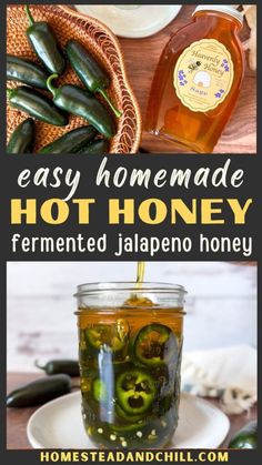 an easy homemade hot honey with jalapenos in the jar and on top