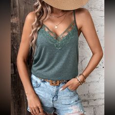 Trendy Lace Trim Camisole For Summer, Casual Camisole With Lace Trim For Vacation, Casual Green Camisole With Lace Trim, Green Casual Camisole With Lace Trim, Trendy Summer Camisole With Lace Trim, Green V-neck Camisole For Vacation, Green Lace Trim Tank Top For Summer, Green V-neck Camisole For Summer, Formal Dress Gown