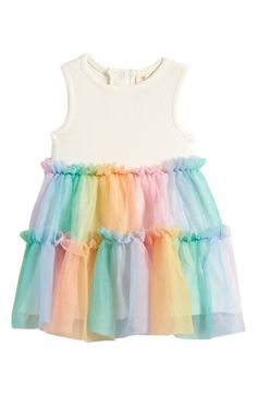 Tiered tulle in ombré hues brings frothy fun to a tank dress with a soft rib-knit bodice. Back snap closure Partial cotton lining 58% cotton, 38% polyester, 4% spandex with 100% polyester contrast Machine wash, line dry Imported Rainbow Tutu Dress, Toddler Tutu Dress, Big Girl Dresses, Rainbow Tutu, Tulle Tutu, Darling Dress, Baby Outfits Newborn, Tutu Dress, Newborn Outfits