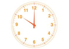 an orange clock face with the time at 11 00 on it's red hands