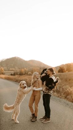 two people walking down the road with their dogs