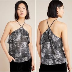 Brand New, Never Worn, With Tags! Zooey Ruffled Halter Top By Sunday In Brooklyn At Anthropologie In Black / Silver Motif. Size Xs. With A Striking Metallic Finish And Ruffled Detail, This Halter Top Is Sure To Turn Heads At Any Festive Occasion. Perfect For Date Night. Can Be Dressed Up With Dress Pants Or Dressed Down With Jeans. Add Some Dimension To Your Outfits! -Approx 18.75" L ******* Pacsun Bdg Brandy Melville Asos Zara Mango Anthropologie Out From Under Madewell Free People Cotton On Ki Marvel Cute, City Party, Retro Boutique, La Girls, Cheap Beauty Products, Batwing Top, Womens Halter Tops, Embellished Blouse, Sleeveless Pullover