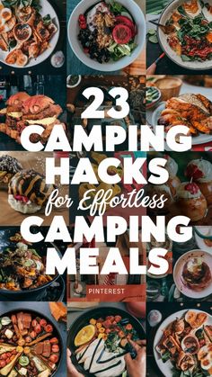 the cover of 25 camping hacks for effortless camping meals, including grilled meats and vegetables