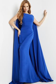 Be a showstopper in this striking mermaid-style evening dress. Made of luxurious crepe, it features a chic boat neckline and flatteringly flared skirt that sweeps the floor. The fitted bodice and sleeveless cape showcase your curves while the back zipper ensures a perfect fit. The sensuous train creates the perfect fin High Neck Evening Gown, Figure Flattering Dresses, Plastic Dress, Pure Elegance, Unique Prom Dresses, Evening Dress Fashion, Mermaid Style, Floor Length Skirt, Bateau Neckline