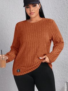 Plus Size Round Neck Long Sleeve T-Shirt Rust Brown Casual  Long Sleeve Knitted Fabric Letter,Plain  Slight Stretch  Women Plus Clothing, size features are:Bust: ,Length: ,Sleeve Length: Plus Size Tshirt, Kids Sleepwear, Plus Size T Shirts, Long Sleeve Knit, Striped Long Sleeve, Plus Size Tops, Fashion Online Shop, Colorful Leggings, Plus Clothing