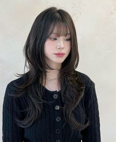 Layered With Bangs Long Hair, Korean Hairstyle Straight Hair, Hairstyles For Long Asian Hair, Korean Face Framing Layers, Falco Haircut, Midsize Haircut, Hush Cut Straight Hair, Wavy Hime Cut, Wolf Cut Largo