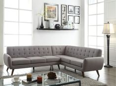 a living room with a gray couch and coffee table in front of the window, framed pictures on the wall