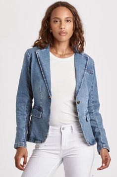 Denim blazer jacket, long sleeve with button closures, seams & center back vent, flap pockets & darts for shape support. Medium wash denim on standard fit. Body length from HPS: 26", Sleeve length: 24", Bust: 36" (Size Small) 98% COTTON 2% SPANDEX Machine wash cold, Tumble dry low Imported Comfy Corporate, Denim Blazer Jacket, Tencel Denim, Denim Essentials, Style Mood Board, Blazer Jeans, Dear John, Denim Blazer, Medium Wash Jeans