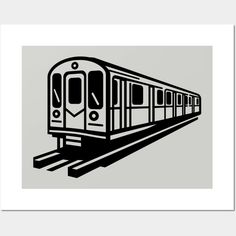 a black and white drawing of a subway train on the tracks in front of a gray background