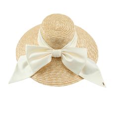 Mirabel Natural straw sunhat with cream satin bow. Includes discreet adjustable grosgrain band desired fit. UPF 50+ protection. Crown: 4" Brim: 6.25" SKU: 21015-190CS Eugenia Kim, Satin Bow, Wide Brimmed, Upf 50, Sun Hats, Straw, Crown, Satin, Band