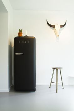 a black refrigerator sitting next to a white wall with a cow skull mounted on it's side