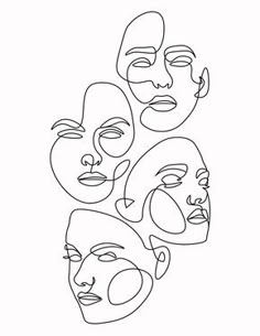 a line drawing of five faces with different facial expressions