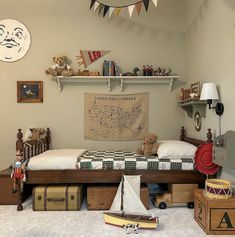 a bed room with a neatly made bed and toys on the floor