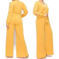 A Classic Split Long Sleeve Bell Bottom Jumpsuit. Comfortable, Lightweight Fabric With Well Constructed Seams And Stitching. Matching Belt Included. Color: Mustard Material: 95% Polyester /5% Spandex Size: 1x Bust: 40'' | Waist: 36'' | Hip: 42'' | Sleeve Length: 27'' Inseam: 26'' | Length: 59 1/2'' | Leg Bottom Width: 15'' Size: 2x Bust: 42'' | Waist: 38'' | Hip: 44'' | Sleeve Length: 27" Inseam: 28'' | Length: 60'' | Leg Bottom Width: 15'' Size: 3x Bust: 44'' | Waist: 40'' | Hip: 46'' | Sleeve Yellow Jumpsuit For Party, Chic Yellow Jumpsuits And Rompers For Party, Chic Yellow Jumpsuit For Party, Elegant Yellow Fitted Jumpsuits And Rompers, Elegant Fitted Yellow Jumpsuits And Rompers, Elegant Fitted Yellow Jumpsuit, Fitted Yellow Jumpsuits And Rompers, Yellow Jumpsuits And Rompers For Night Out, Elegant Yellow Long Sleeve Jumpsuit/romper