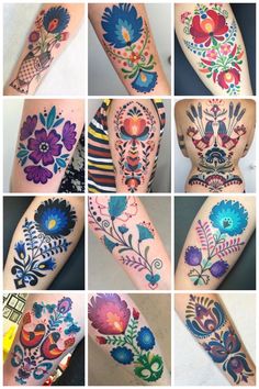 many different pictures of flowers and leaves on the arm, both with their own colors