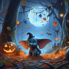 an elephant in a halloween scene with pumpkins