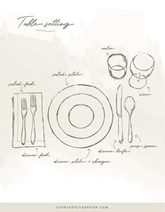 a table setting with utensils, plates and napkins drawn in ink on paper