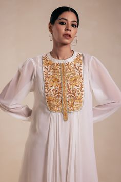 Yellow and white flounced sleeves gathered central flare dress with Lotus bloom embroidery on the yoke. Comes with an inner. - Aza Fashions Boys Occasion Wear, Bloom Embroidery, Yellow Lotus, Tunic Shirt Dress, Georgette Dress, Gathered Dress, Flounce Sleeve, White Embroidery, Embroidery Dress