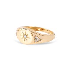 14K Gold Diamond Star Signet Ring Our 14K Gold Diamond Star Signet Ring with gorgeous Diamond Detailing on the Band is stunning. Elevate your ring game with this stunning Moon and Star Diamond Celestial signet ring! Available in yellow gold Please have your finger sized professionally by your local jeweler prior to placing your order as all sales are final. If you are not confident in your ring size, we suggest sizing up to allow for any necessary adjustments. Measurements Face: mm *All of our f Ring Game, Moon And Star, Diamond Star, Signet Ring, Gold Diamond, Gold Color, Gemstone Rings, Ring Size, Fine Jewelry