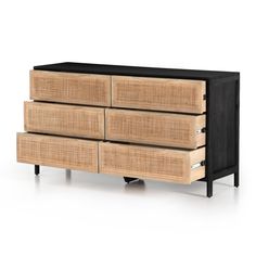 an image of a wooden dresser with black drawers and wicker drawers on it's sides