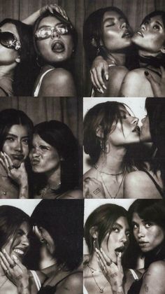 black and white photo collage of two women kissing each other with glasses on their faces