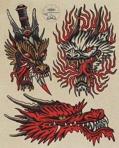 two red and black dragon tattoos on a white paper with the words demon written in it