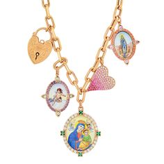 Love and Lock Necklace, 18K yellow gold (750/1000). Chain: 50.8cm length. • Large hand-painted enamel “Our Lady of Perpetual Help” medal. Set with 0.42 carats of tsavorite and 0.46 carats of white diamonds.Measurements 25mm width, 35mm length. • Medium hand-painted enamel “Protective Angel” medal. Set with 0.28 carats of purple sapphire and 0.16 carats of aquamarine. Measurements 20mm width, 25mm length. • Medium hand-painted enamel “Virgin of Lourdes” medal. Set with 0.28 carats of orange sapph Saint Necklace, Lucky Charm Necklace, Book Necklace, Lock Necklace, Vintage Lockets, Purple Sapphire, Solid Gold Chains, Zodiac Pendant, Locket Charms