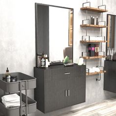 a bathroom with a sink, mirror and shelving unit in the middle of it