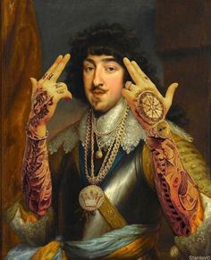 a painting of a man with his hands in the air and wearing jewelry on his left hand