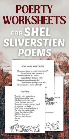 a book cover with an image of mountains in the background and text that reads, poetry worksheets for shel silverstien poem