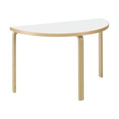 a white table with wooden legs and a curved top on an isolated white surface, viewed from the front