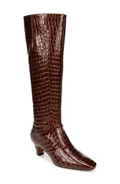 A slender square toe and demi block heel balance a rich leather boot shaped in a knee-high silhouette for timeless appeal. 2" heel (size 6) 15 3/4" shaft; 14" calf circumference. Regular calf 15 3/4" shaft; 16" calf circumference. Wide calf Side zip closure Leather upper/synthetic lining/rubber sole Imported Fitted Calf Leather Knee-high Boots With Block Heel, Fitted Knee-high Boots With Stacked Heel And Almond Toe, Elegant Tall Brown Boots, Fitted Brown Calf Leather Knee-high Boots, Formal Wide Calf Knee-high Boots With Square Toe, Formal Knee-high Boots With Square Toe And Reinforced Heel, Formal Knee-high Boots With Reinforced Heel And Square Toe, Fitted Calf Leather Knee-high Boots With Square Toe, Formal Square Toe Knee-high Boots With Stacked Heel