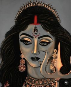 an artistic painting of a woman with dark hair and gold jewelry on her face is shown