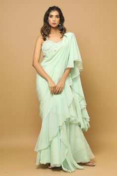 Shop for Ahi Clothing Green Net Ruffle Pre-draped Saree With Blouse for Women Online at Aza Fashions Farewell Saree, Ruffled Saree, Desi Attire, Character Wardrobe, Cotton Saree Blouse Designs, Net Embroidery, Simple Saree Designs, Couple Wedding Dress, Pranali Rathod