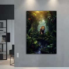 a painting of a tiger in the middle of a jungle with trees and plants around it