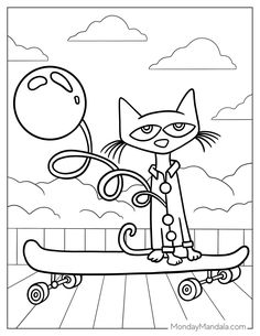 a black and white cartoon cat on a skateboard holding a balloon in the sky