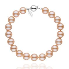 If you are looking for a bracelet featuring the finest freshwater pearls produced in the world today, this is the perfect choice. The pearls are as perfect as they come, and the pink to peach body color is completely natural. This large, 8.5-9.0 mm pearl bracelet is composed of our trademark freshadama pearls. Freshadama pearls represent only a fraction of a percent of production today. The pearls are almost perfectly round with sharp luster and smooth skin. The bracelet is finished with a solid Pink Pearl Jewelry, Pearl Bangles, Peach Jewelry, Knot Bangle, Cultured Pearl Bracelet, Pearl Bangle, Jewelry Knots, Pink Jewelry, Pearl Types