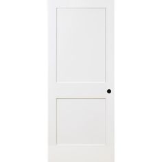 a white door with black knobs on the top and bottom panel, against a white background