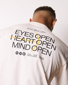 Eyes open, heart open, mind open 🏹 PS: all t-shirts are unisex 💆🏻💆🏻‍♀️ Check the website for sizing details #activeaftercoffee Merch T Shirt Design, Quote T Shirt Design, Business Tshirt Design Ideas, Shirt Text Design, T Shirt Text Design, Typography Shirt Design, T-shirt Photography, Trendy Typography