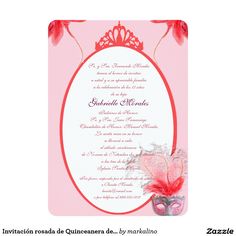 a pink and red wedding card with a masquerade mask on the inside of it