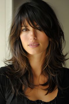 Razored Haircuts Medium, Hair Ideas For Brunettes With Bangs, Best Hairstyles To Hide Grey Roots, Long Layered Haircuts With Fringe, Medium Length Hair Cuts With Layers Fine, Long Bangs Layered Hair, Layers And Bangs For Long Hair, Hair Cuts With Long Bangs, Long Length Haircut With Bangs