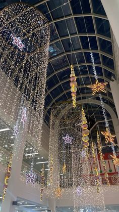 christmas lights hanging from the ceiling in a shopping mall