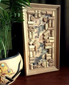 a potted plant sitting next to a framed cork art