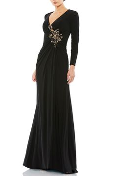 Mac Duggal Embellished Long Sleeve Jersey Gown | Nordstrom Evening Gowns Elegant 2024, Sleek Gown, Slavic Style, Mac Duggal Dress, Bodice Applique, A Line Evening Dress, Trumpet Gown, Formal Evening Dress, Long Sleeve Gown