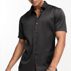 Asos Design Skinny Satin Shirt In Black. Brand New, Never Worn! Perfect Condition! Fitted Shirt In Small. Fitted Black Button-up Short Sleeve Shirt, Fitted Black Short Sleeve Button-up Shirt, Black Slim Fit Top For Night Out, Collared Black Shirt For Night Out, Black Collared Shirt For Night Out, Fitted Black Shirt For Summer, Fitted Black Summer Shirt, Summer Black Fitted Shirt, Black Collared Shirt For Party